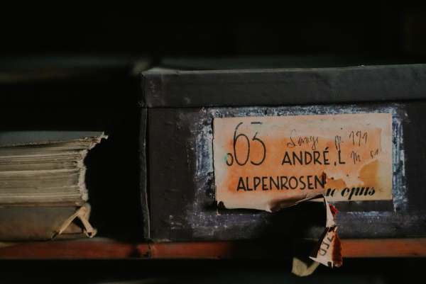 Pappkasten mit verblichenem Etikett „André L. – Alpenrosen“