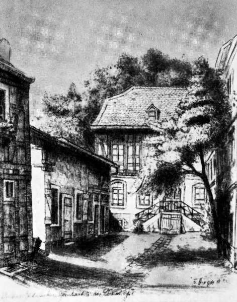 Offenbach, Domstraße 21–23: Wohn- und Geschäftshaus ab 1784, bis zur Zerstörung im Zweiten Weltkrieg Sitz der Druckerei. Zeichnung, undatiert