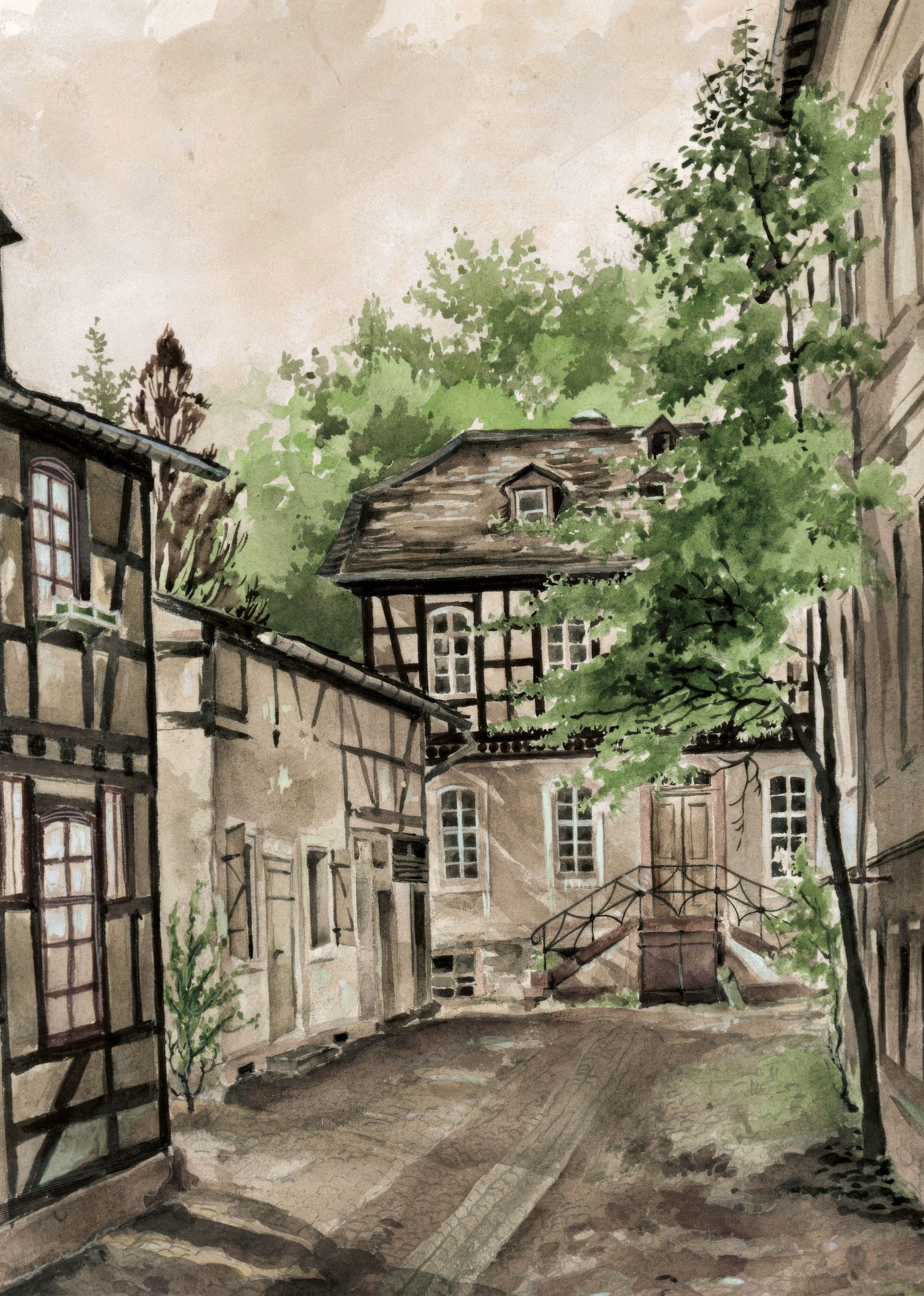 Aquarell des Andréschen Wohnhauses in der Domstraße 21 in Offenbach: ein Hof mit Fachwerkgebäuden und einem Baum.