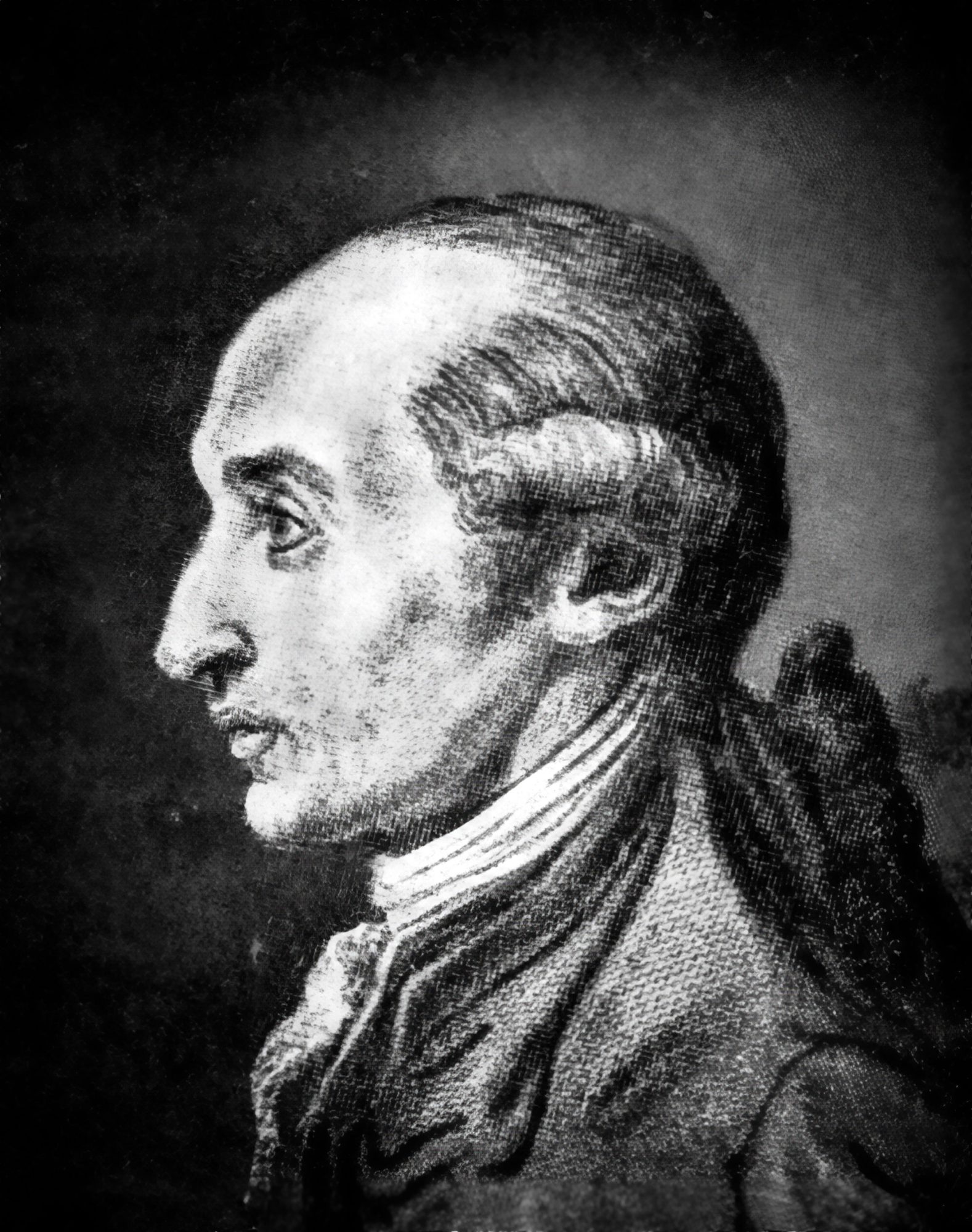 Schwarzweiß-Bildnis Johann Andrés im Profil, mit Zopfperücke und Halsbinde.