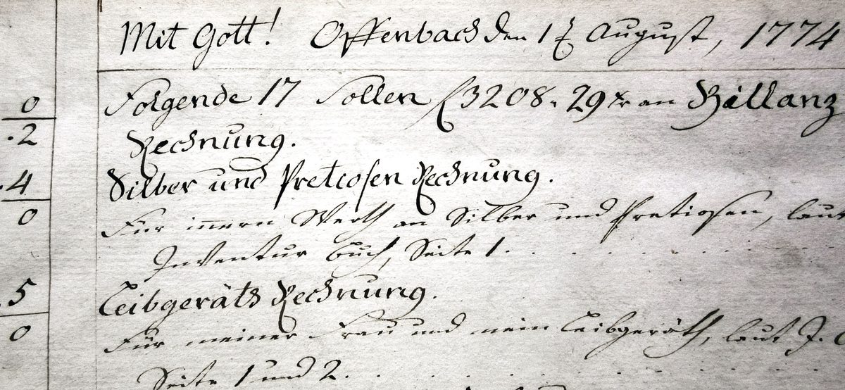 Handschriftliche Eröffnungszeile des Journalbuchs: „Mit Gott! Offenbach den 1. August 1774“.
