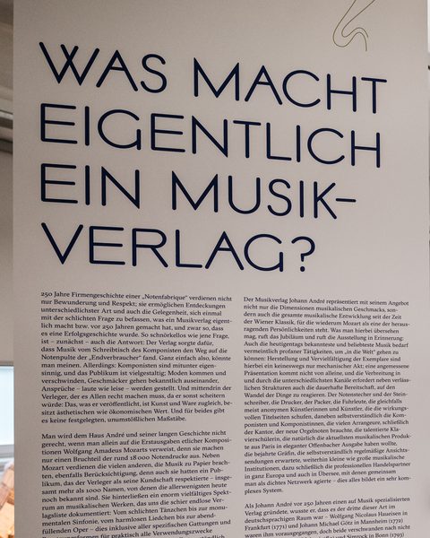 Stofffahne „Was macht eigentlich ein Musikverlag?“ mit diesem Text von Axel Beer in der Ausstellung 2024.